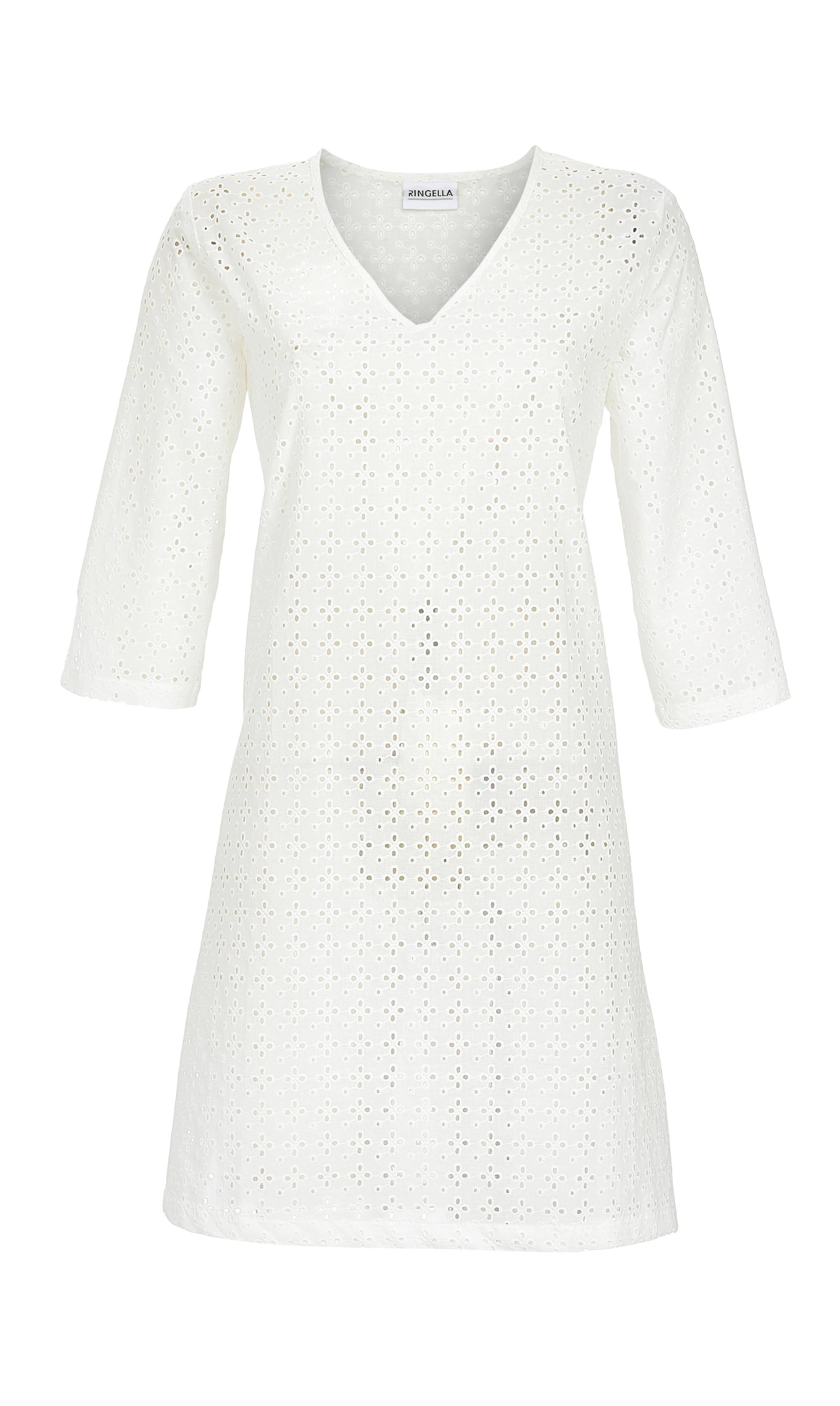 Kleid aus gewebter Baumwoll-Spitze mit 3/4 Arm