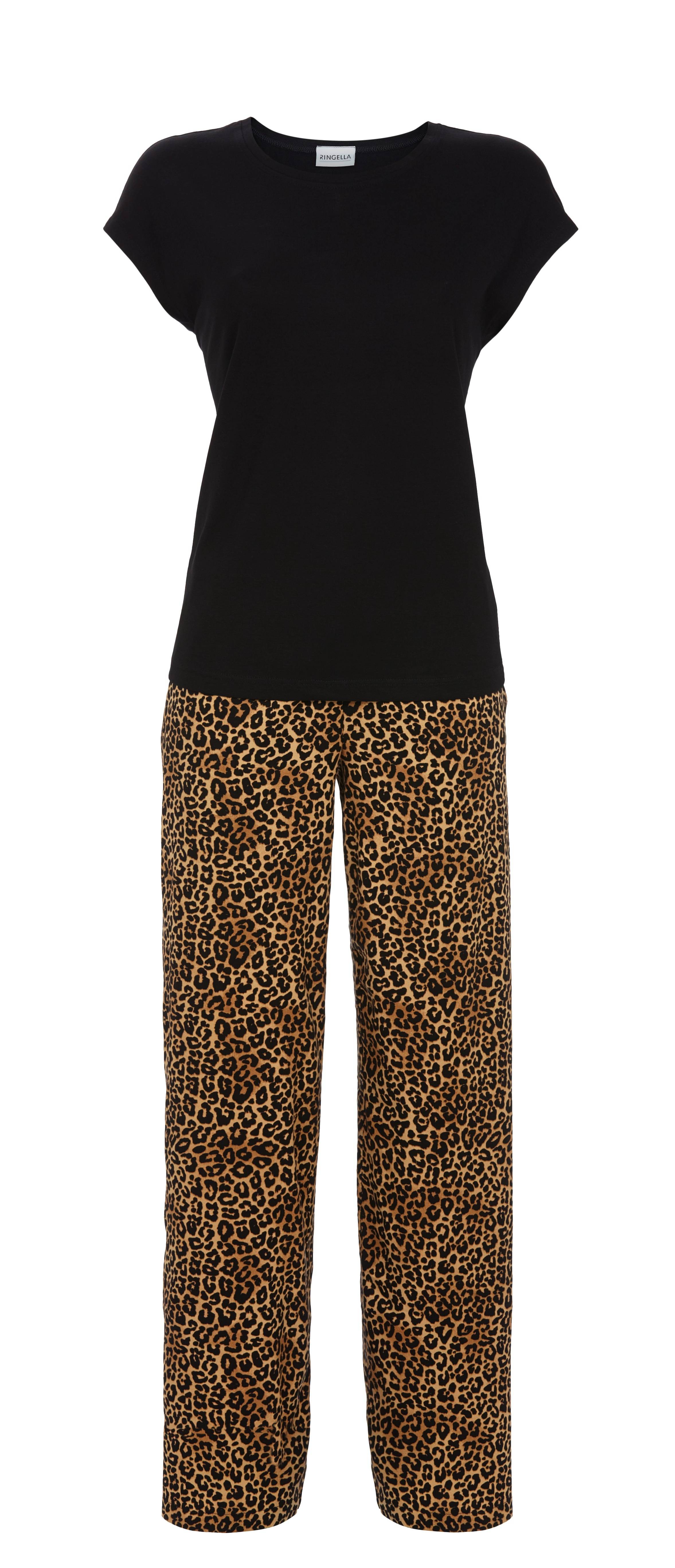 Zweiteiler mit unifarbigem Oberteil und Hose mit Leo-Print